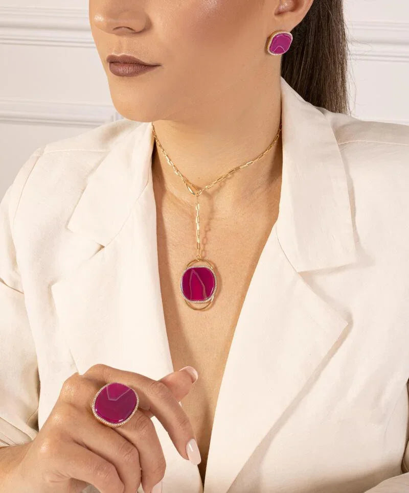 PINK AGATE WALL STREET SMALL EARRING | GOLD PLATED | NYFW | BRAINSTORM JEWELRY - Brainstorm Jewelry