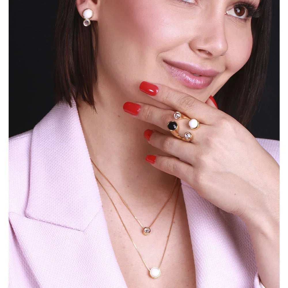 PORCELAIN, ZIRCONIA AND BLACK OBSIDIAN LOVELLY RING | GOLD PLATED | OPULENCE | BRAINSTORM JEWELRY - Brainstorm Jewelry