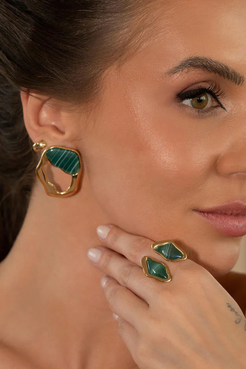 GREEN AGATE UPPER EAST BIG EARRING | GOLD PLATED | NYFW | BRAINSTORM JEWELRY - Brainstorm Jewelry