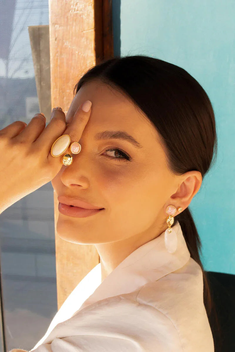 PINK AGATE AND MOTHER OF PEARL EARRING | GOLD PLATED | OPULENCE | BRAINSTORM JEWELRY - Brainstorm Jewelry