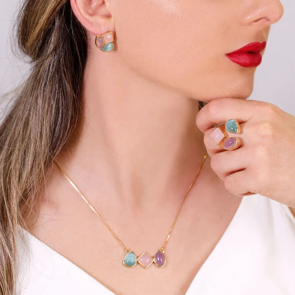 PINK, BLUE AND AMETHYST STONES OPAL EARRING | GOLD PLATED | OPULENCE | BRAINSTORM JEWELRY - Brainstorm Jewelry