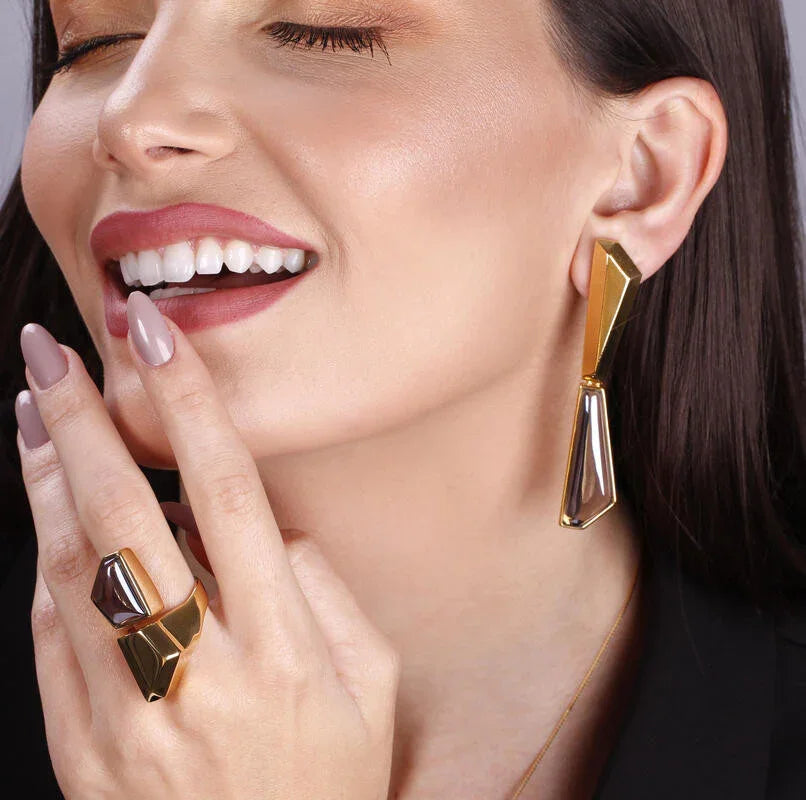 PEARLIZED SMOKY QUARTZ STONE PENDANT EARRING | GOLD PLATED | OPULENCE | BRAINSTORM JEWELRY - Brainstorm Jewelry
