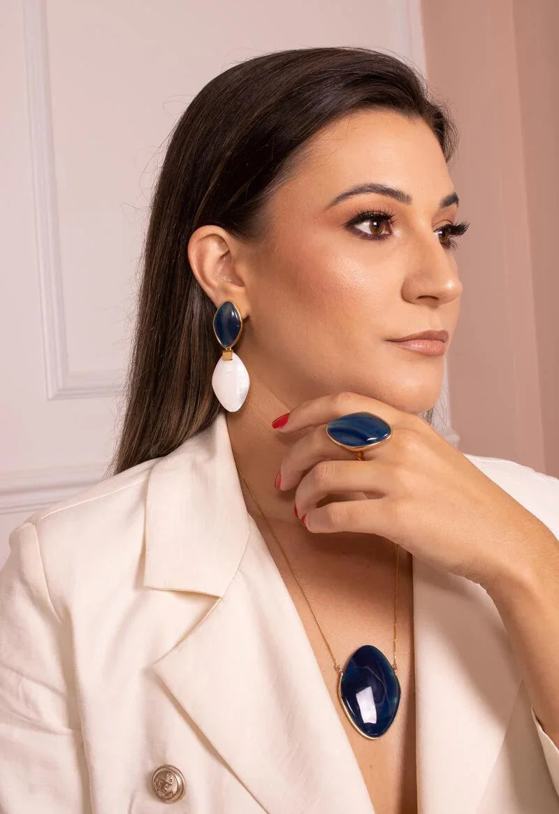 BLUE AGATE AND MOTHER OF PEARL VALORA EARRING | GOLD PLATED | OPULENCE | BRAINSTORM JEWELRY - Brainstorm Jewelry
