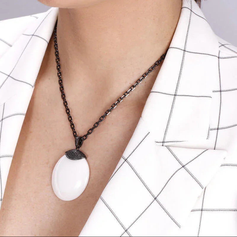 PEARLIZED PORCELAIN STONE PENDANT | BLACK RHODIUM | ECLIPSE | BRAINSTORM JEWELRY - Brainstorm Jewelry