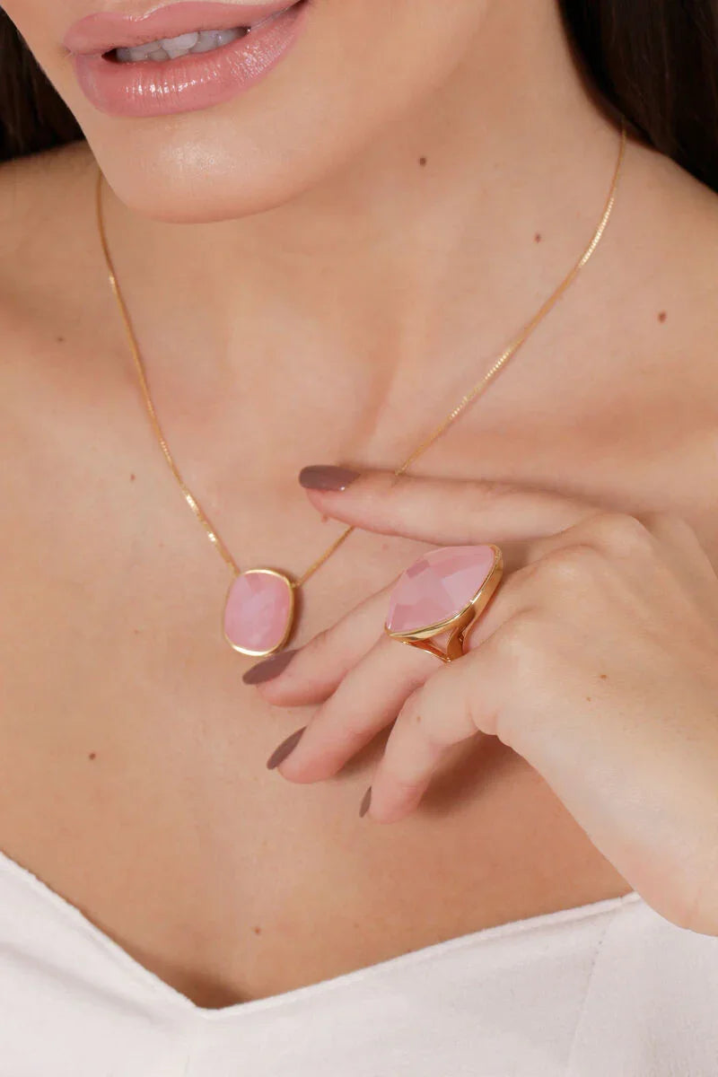 MEDIUM SQUARE WITH ROUNDED CORNER PINK CRYSTAL NECKLACE | GOLD PLATED | BRAINSTORM JEWELRY - Brainstorm Jewelry