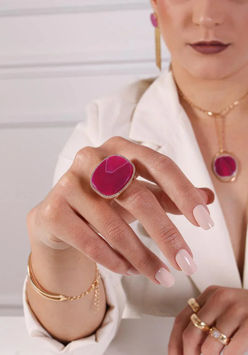 PINK AGATE WALL STREET RING | GOLD PLATED | NYFW | BRAINSTORM JEWELRY - Brainstorm Jewelry