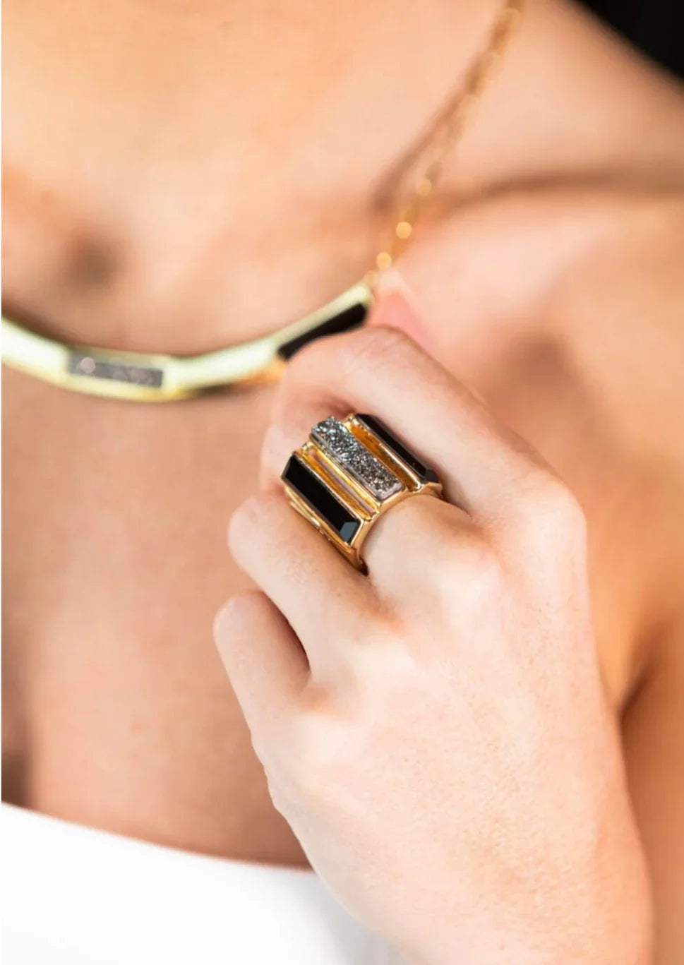 BLACK OBSIDIAN ROCKEFELLER RING | GOLD PLATED | NYFW | BRAINSTORM JEWELRY - Brainstorm Jewelry