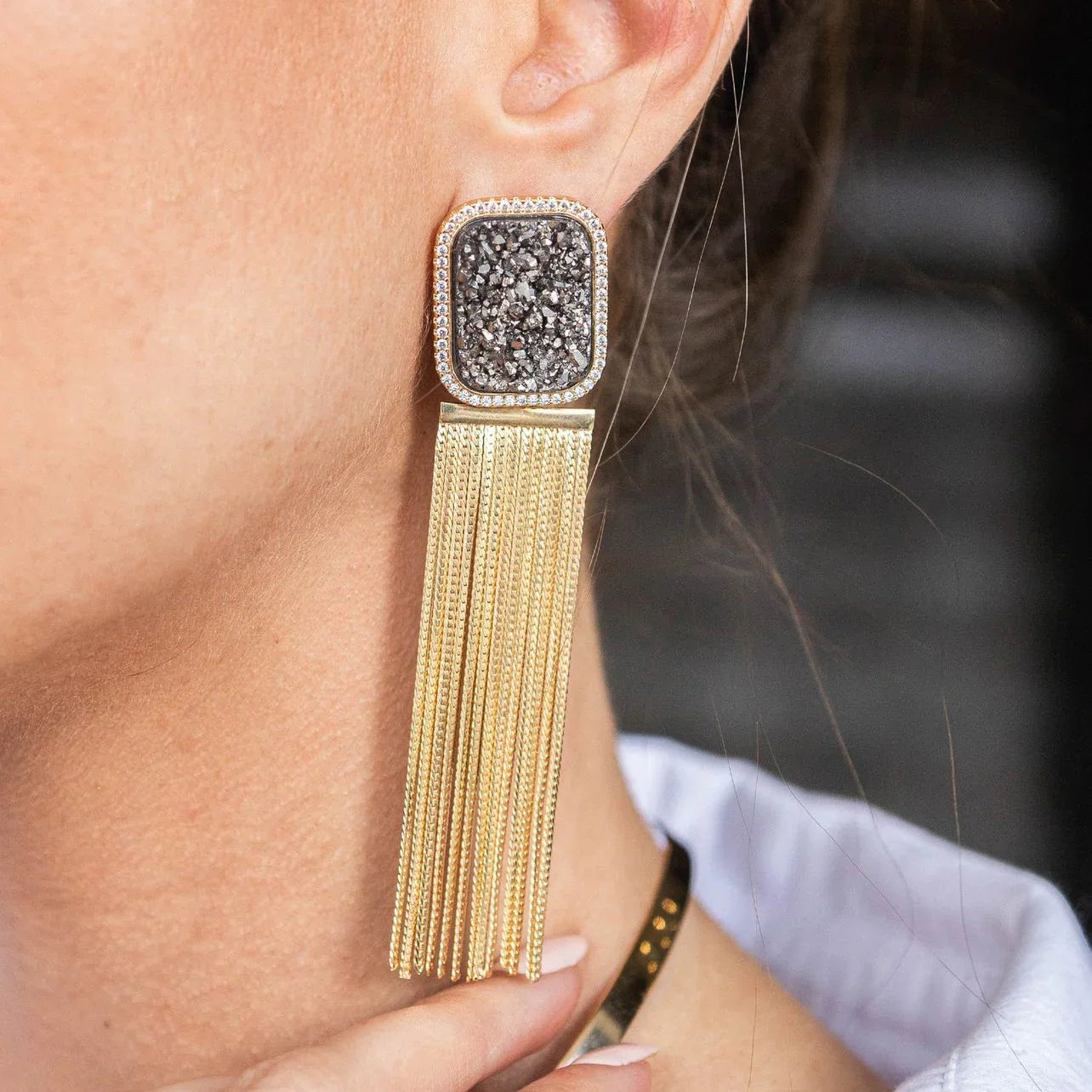 PLATINUM DRUSE SQUARE EARRING| GOLD PLATED | NEW RADIANT RANGE| BRAINSTORM JEWELRY - Brainstorm Jewelry