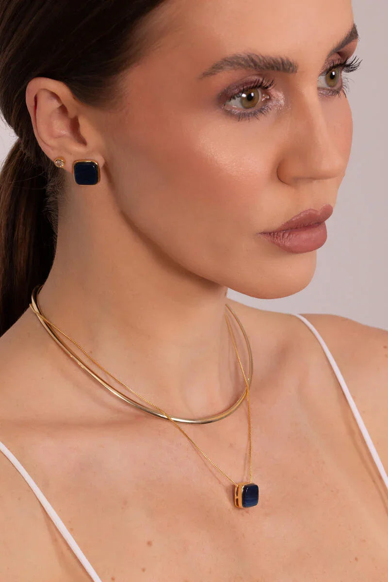 BLUE AGATE SQUARE NECKLACE | GOLD PLATED | MINIMALIST| BRAINSTORM JEWELRY - Brainstorm Jewelry