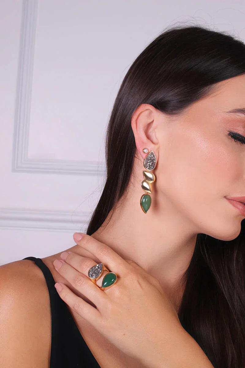 AGATE GREEN AND DRUSE CHARM EARRING | GOLD PLATED | OPULENCE | BRAINSTORM JEWELRY - Brainstorm Jewelry