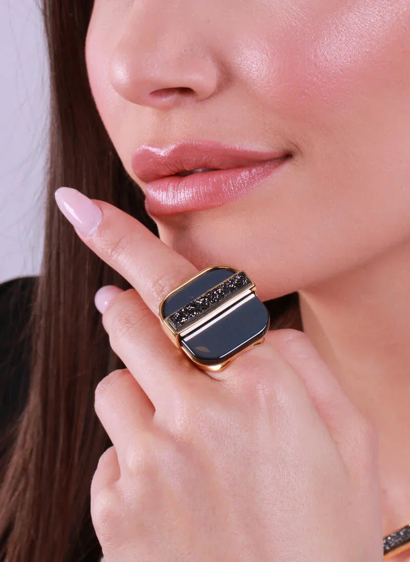BLACK OBSIDIAN AND DRUSE CHROMA RING | GOLD PLATED | OPULENCE | BRAINSTORM JEWELRY - Brainstorm Jewelry