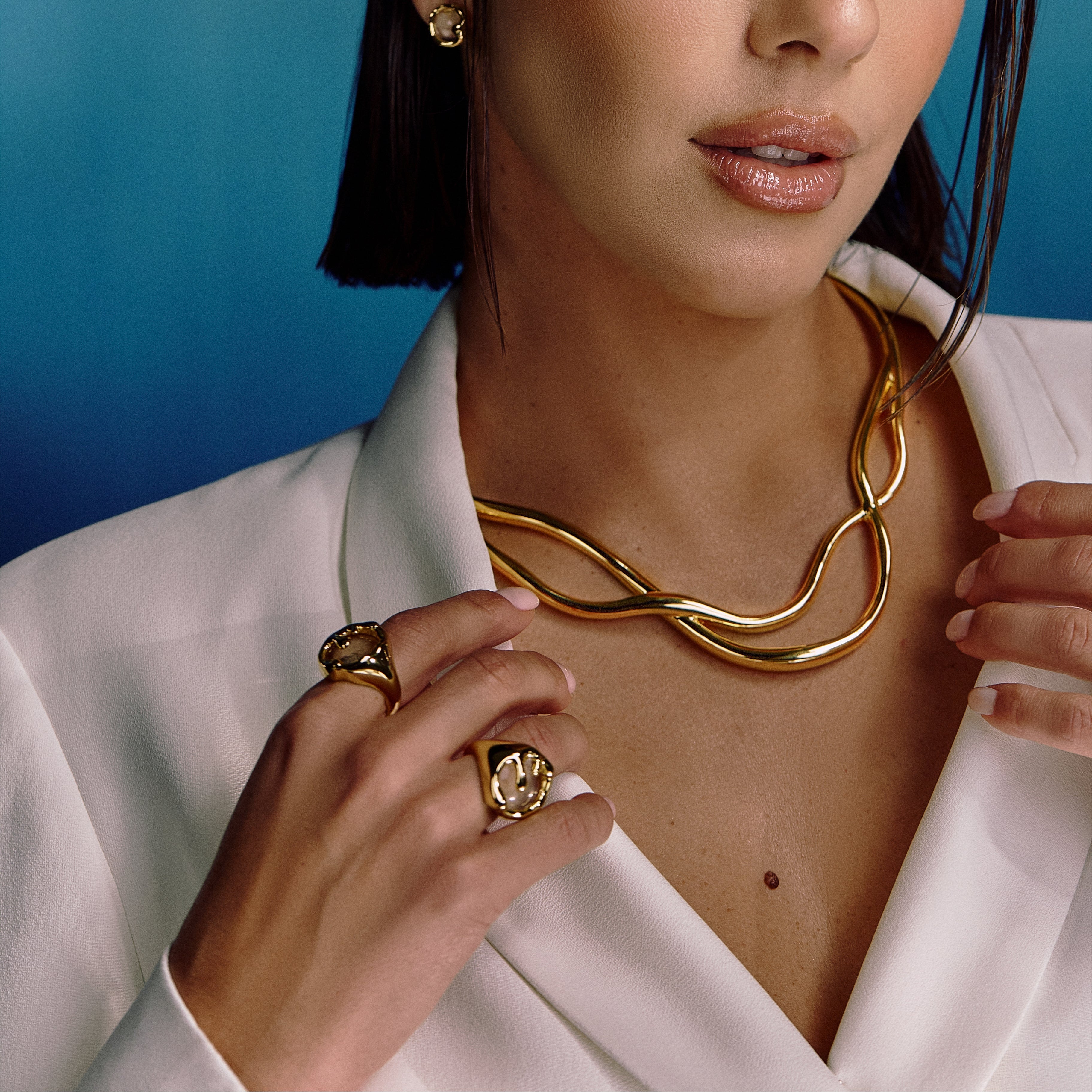 silver statement ring worn by model elegant styling