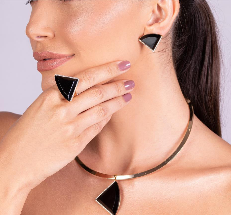 BLACK OBSIDIAN STONE AND ZIRCONIA EARRING - TRIANGULAR DESIGN - GOLD PLATED