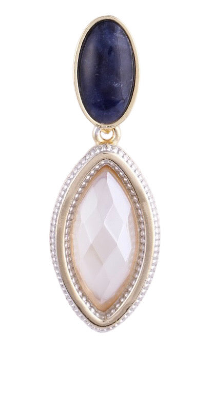 MILKY PEARLIZED QUARTZ & SODALITE STONE EARRING- DROP SHAPE - GOLD PLATED