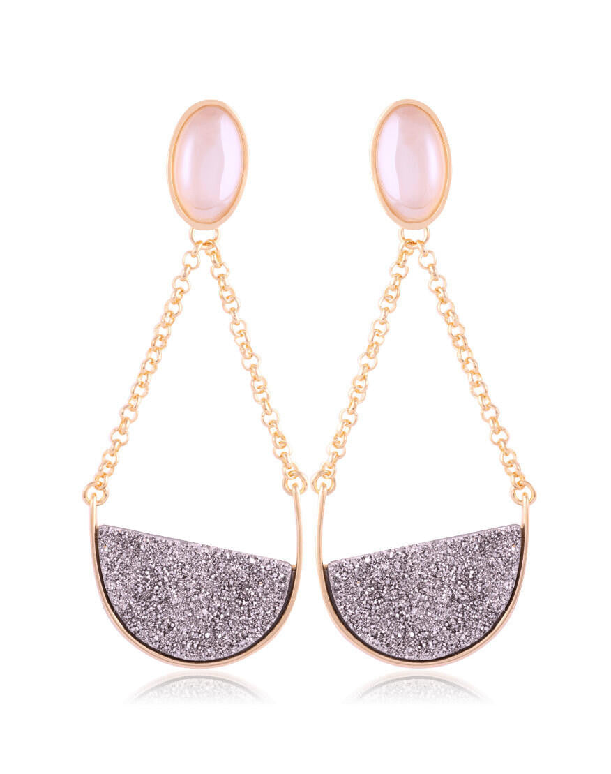 PEARLIZED WHITE AGATE AND DRUSA PLATINUM EARRING - GOLD PLATED