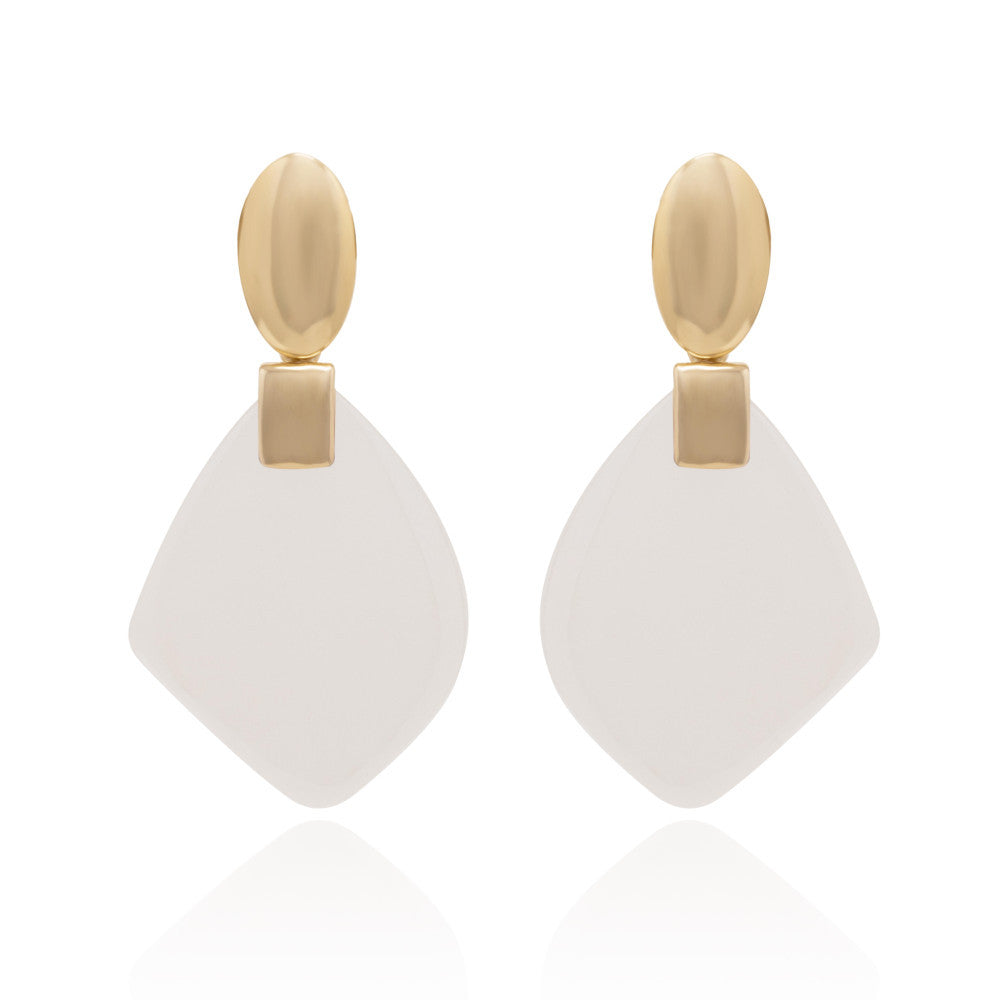 MILKY QUARTZ LEAF SHAPE EARRING - GOLD PLATED