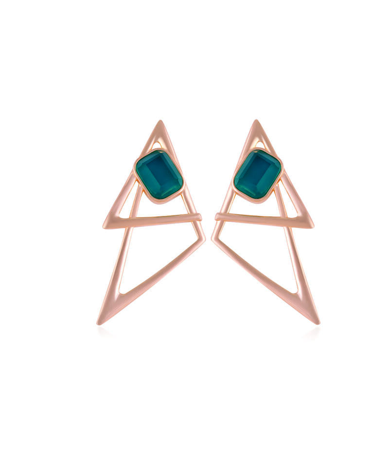 DOUBLE TRIANGLE EARRING - CYAN STONE - GOLD PLATED