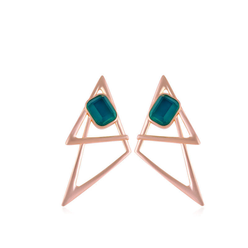 DOUBLE TRIANGLE EARRING - CYAN STONE - GOLD PLATED