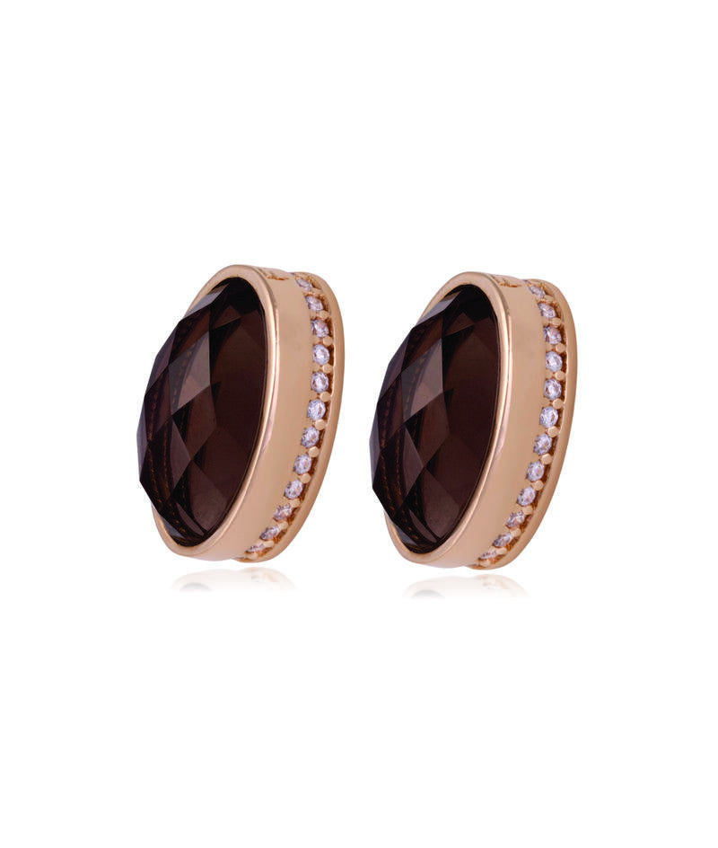 SMOKY QUARTZ - OVAL EARRING WITH ZIRCONIA DETAILS