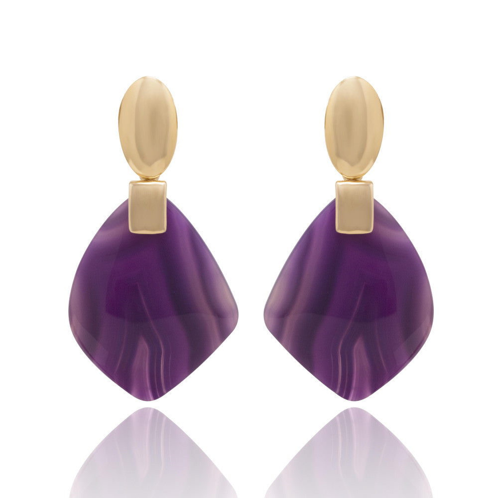 PURPLE AGATE LEAF SHAPE EARRING - GOLD PLATED