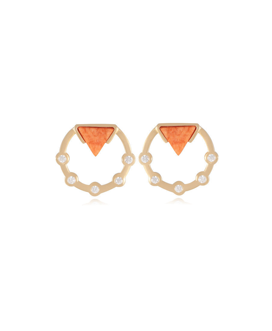 ORANGE FELDSPAR STONE EARRING WITH ZIRCONIA CIRCLE - GOLD PLATED