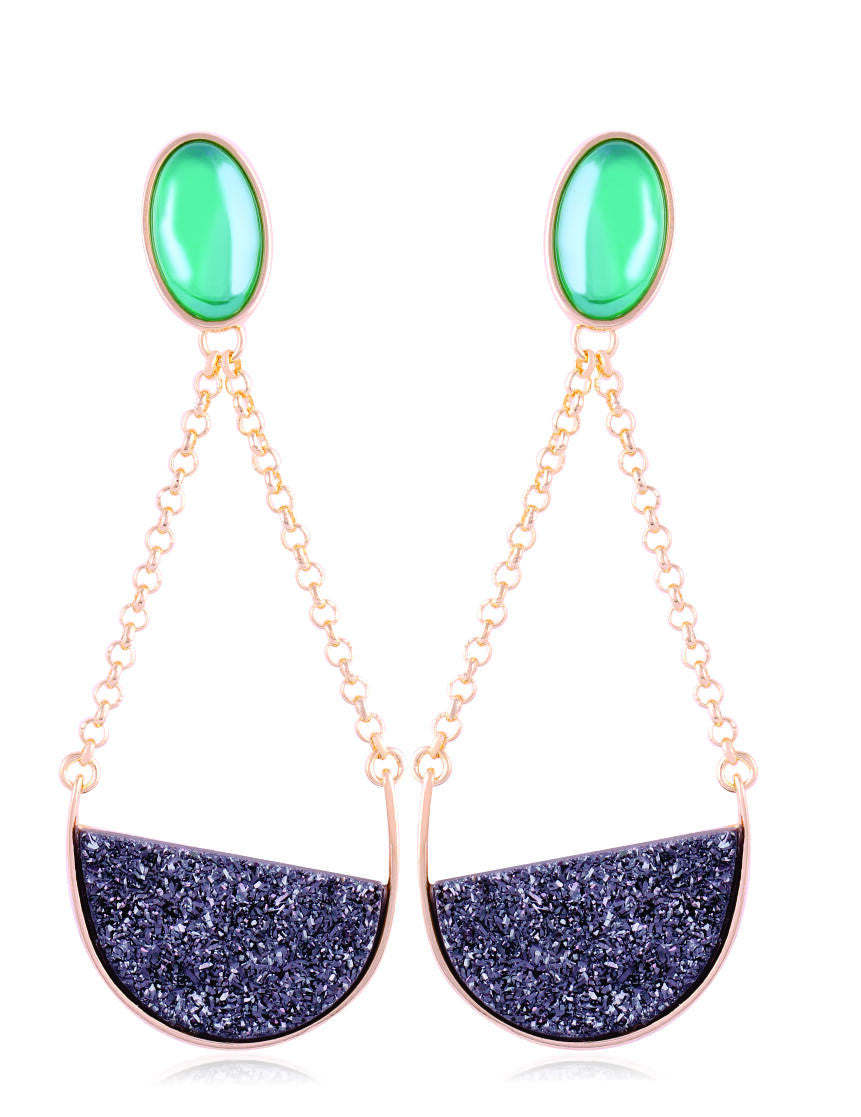 PEARLIZED LEAF GREEN QUARTZ AND BLACK DRUSA EARRING - GOLD PLATED