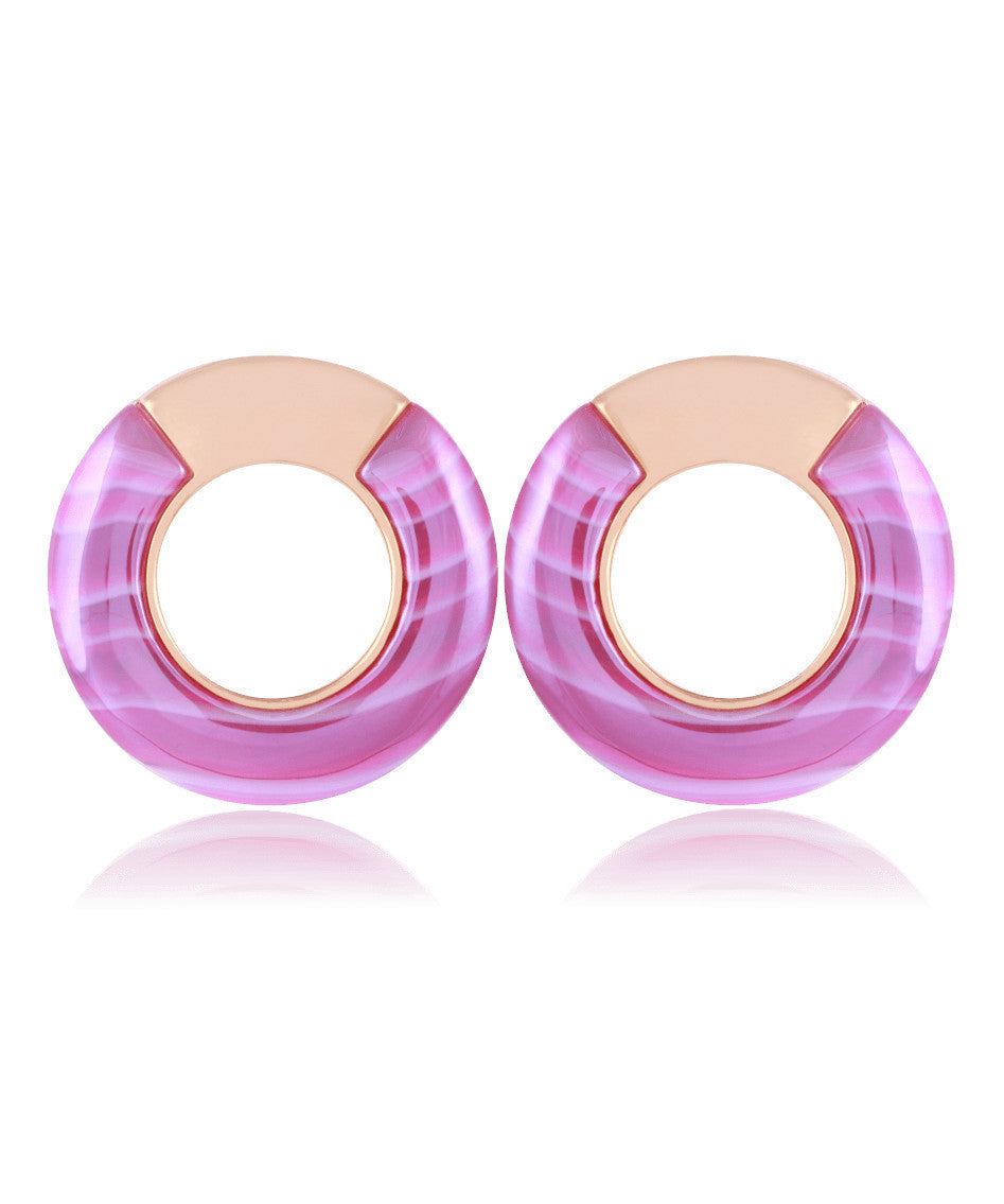 STRIPED PINK AGATE EARRING - GOLD PLATED - ROUNDED STONE