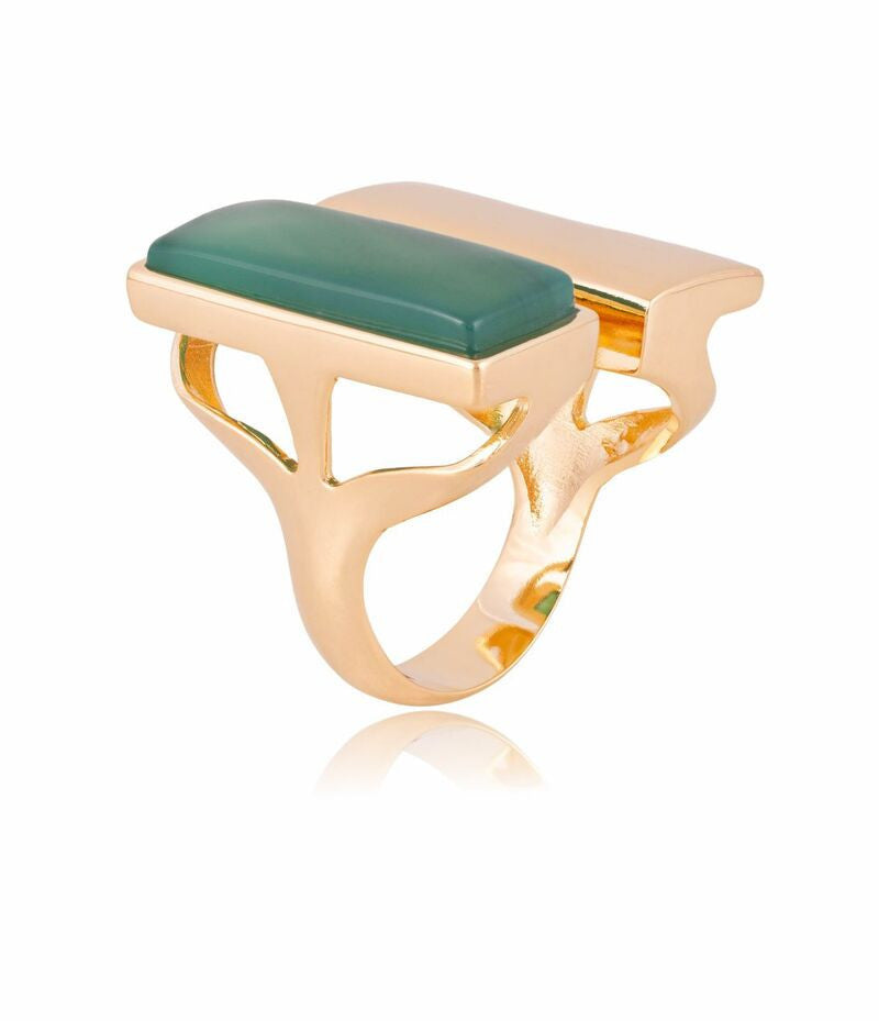 RING - GOLD PLATED - GREEN AGATE