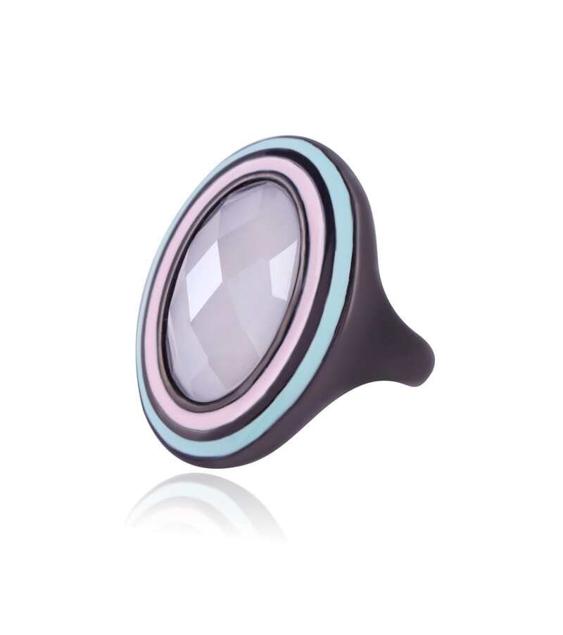 RING - BLACK METALLIZATION - MILKY QUARTZ - PINK/BLUE