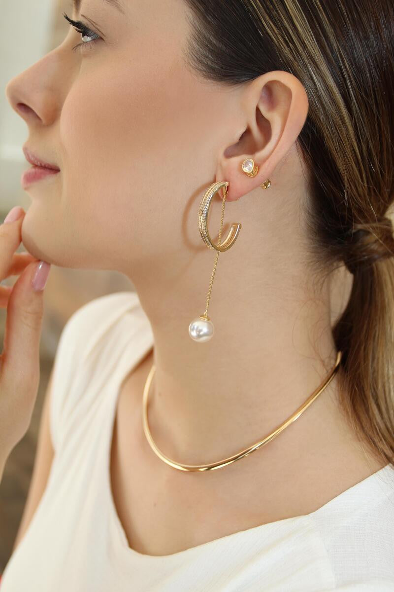 HALF MOON WITH REMOVABLE PEARL - EARRING - GOLD PLATED