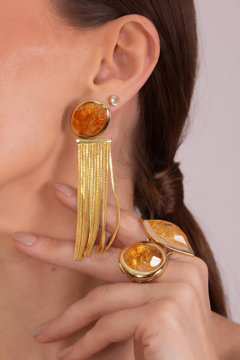 CIRCULAR CITRINE - 18K GOLD-PLATED EARRINGS WITH FRINGE OPTION