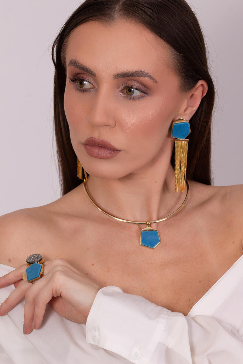 TURQUOISE QUARTZ EARRING - HEXAGON SHAPE - GOLD PLATED