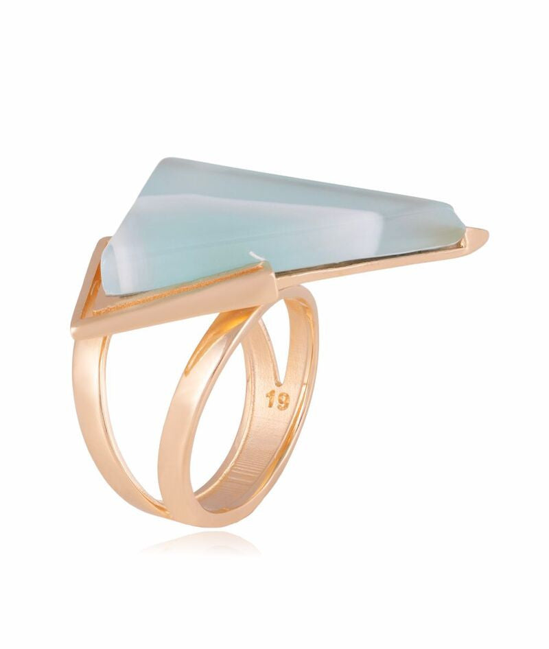 RING - GOLD PLATED - SKY BLUE AGATE STRIPED