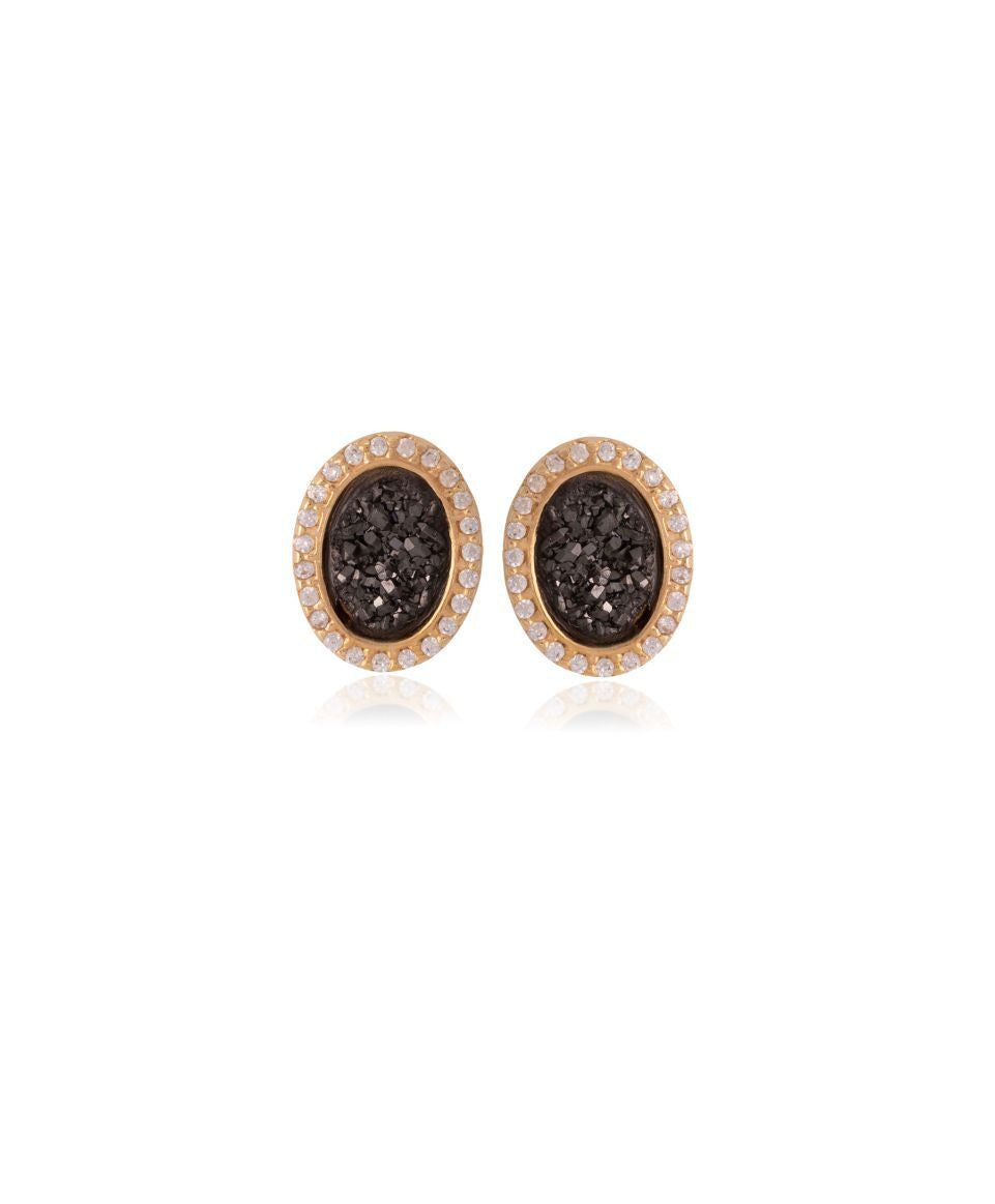 BLACK DRUSE STONE EARRING - GOLD PLATED