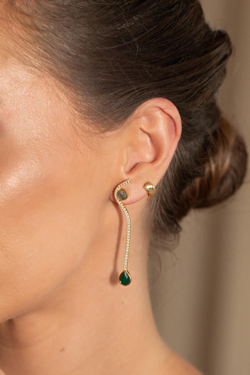 GREEN AGATE AND PLATINUM DRUSE EARRINGS - GOLD-PLATED WITH ZIRCONIA-ENCRUSTED METAL