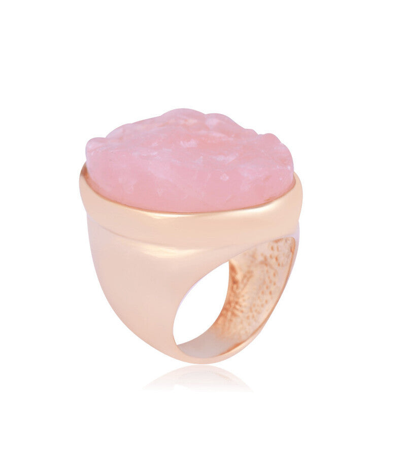 RING - GOLD PLATED - ROUGH NATURAL STONE ROSE QUARTZ