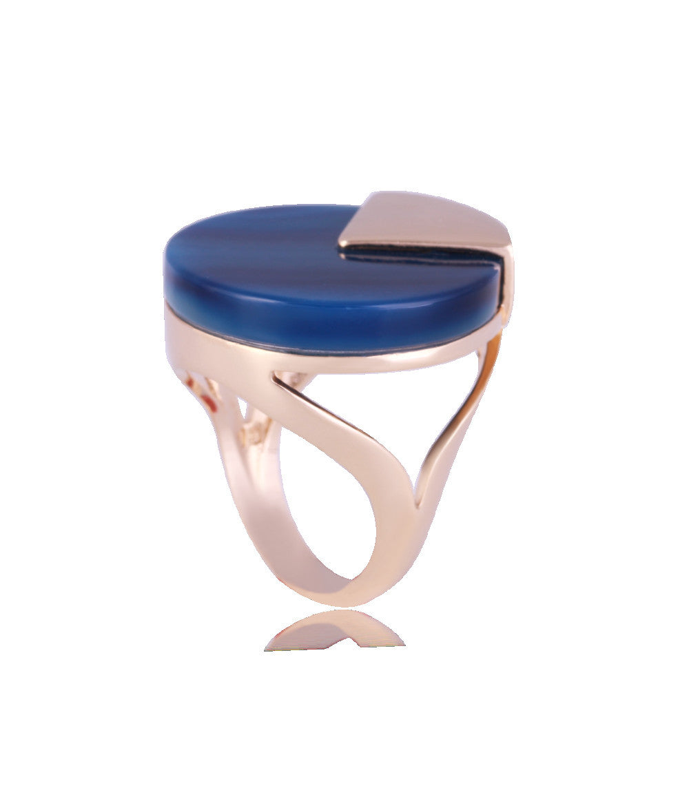 RING - GOLD PLATED - BLUE AGATE STONE BIC