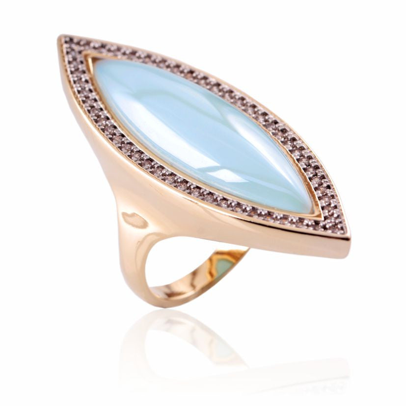 RING - GOLD PLATED - BABY BLUE QUARTZ PEARLIZED