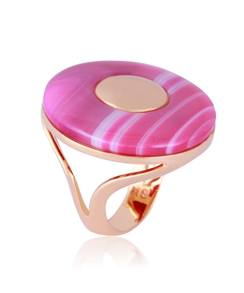 RING - GOLD PLATED - STRIPE PINK AGATE STONE