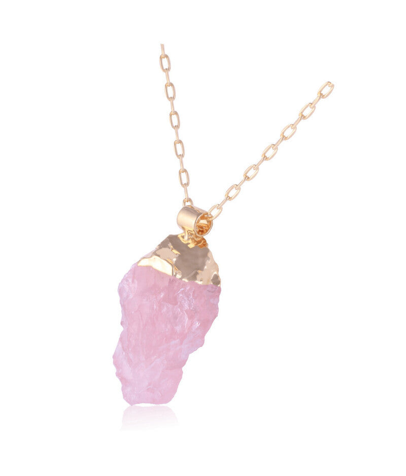 NECKLACE - GOLD PLATED - ROUGH PINK QUARTZ STONE