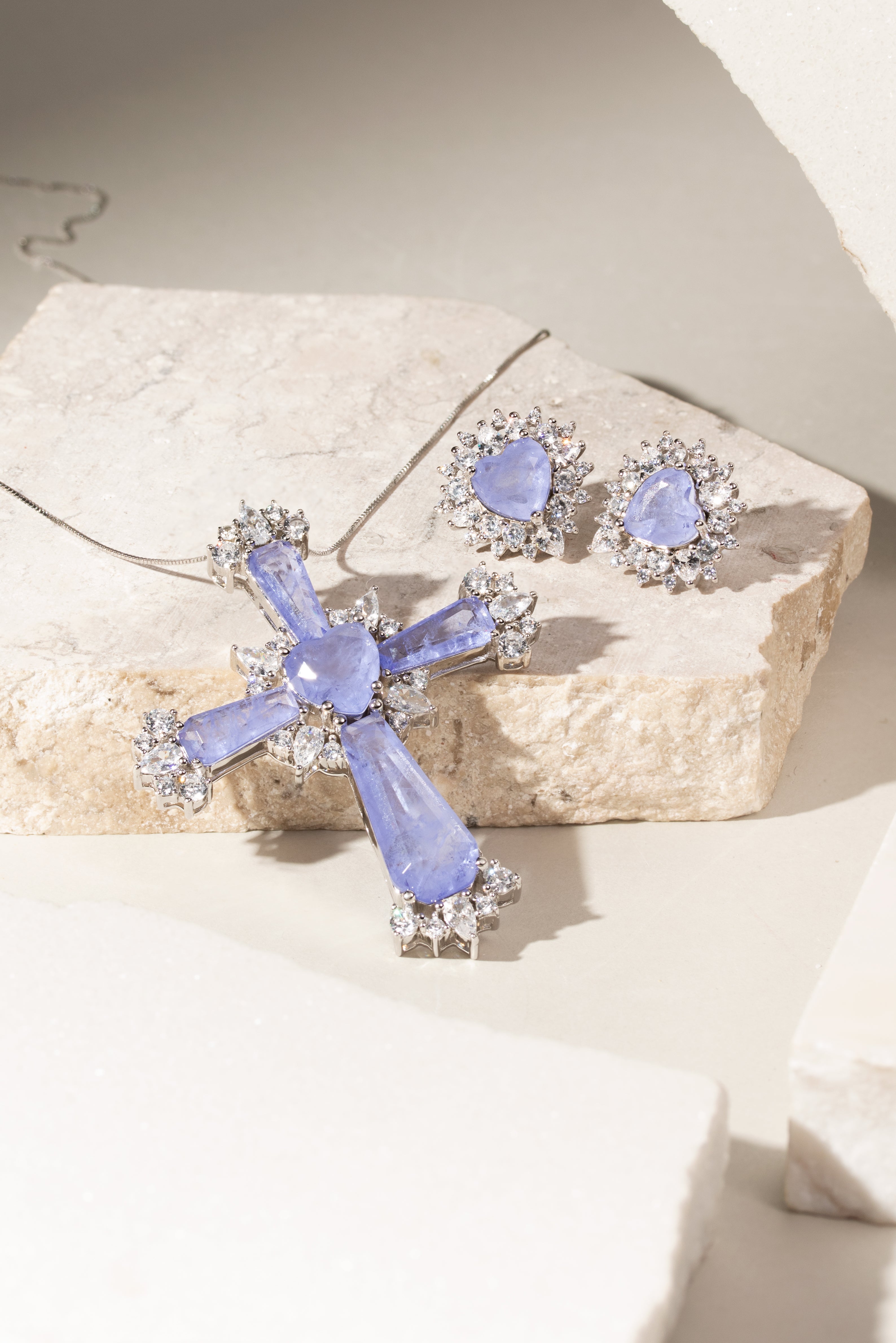 PURPLE TANZANITE AND ZIRCONIA CROSS AMANDA NECKLACE