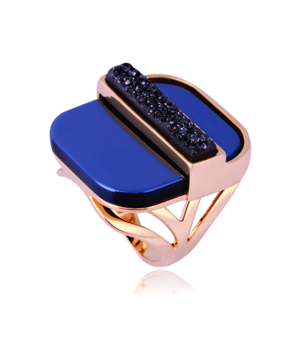 RING - GOLD PLATED - BLACK DRUSE STONE