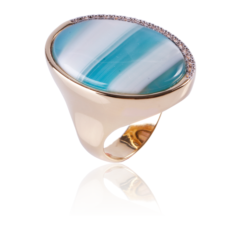 RING - GOLD PLATED - BLUE STRIPED AGATE