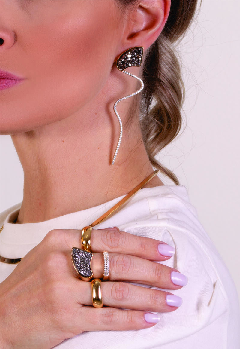 PLATINUM DRUSE SNAKE EARRING WITH ZIRCONIA TAIL - GOLD PLATED  | BRAINSTORM JEWELRY