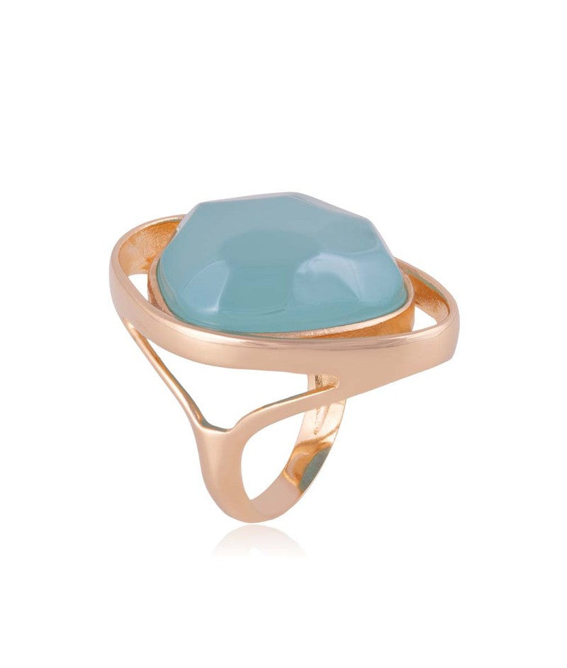 RING - GOLD PLATED - PEARLIZED SKY BLUE AGATE STONE