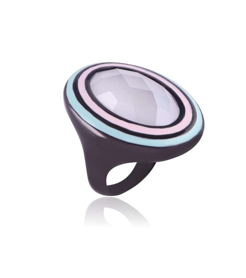 RING - BLACK METALLIZATION - MILKY QUARTZ - PINK/BLUE