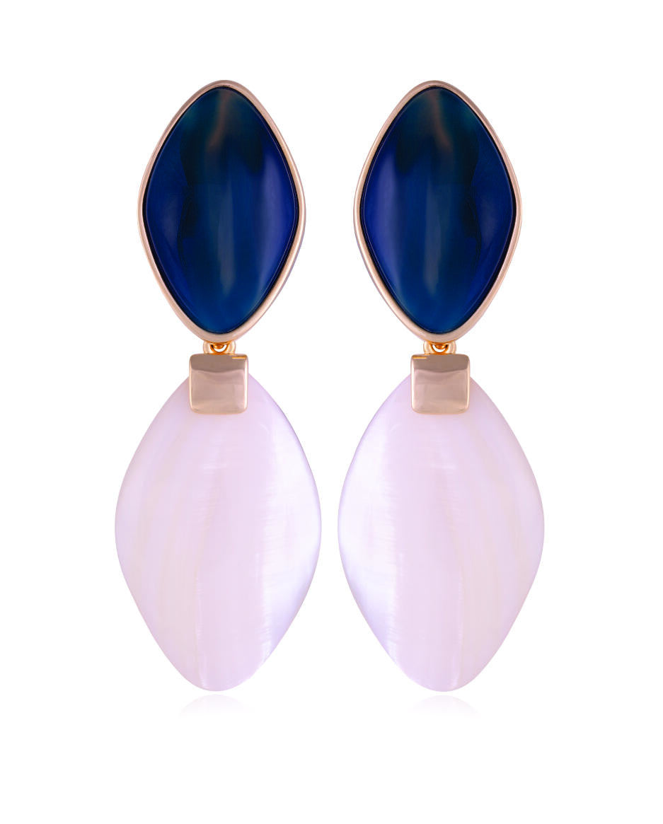 BLUE AGATE STRIPED WITH MOTHER OF PEARL EARRING - GOLD PLATED