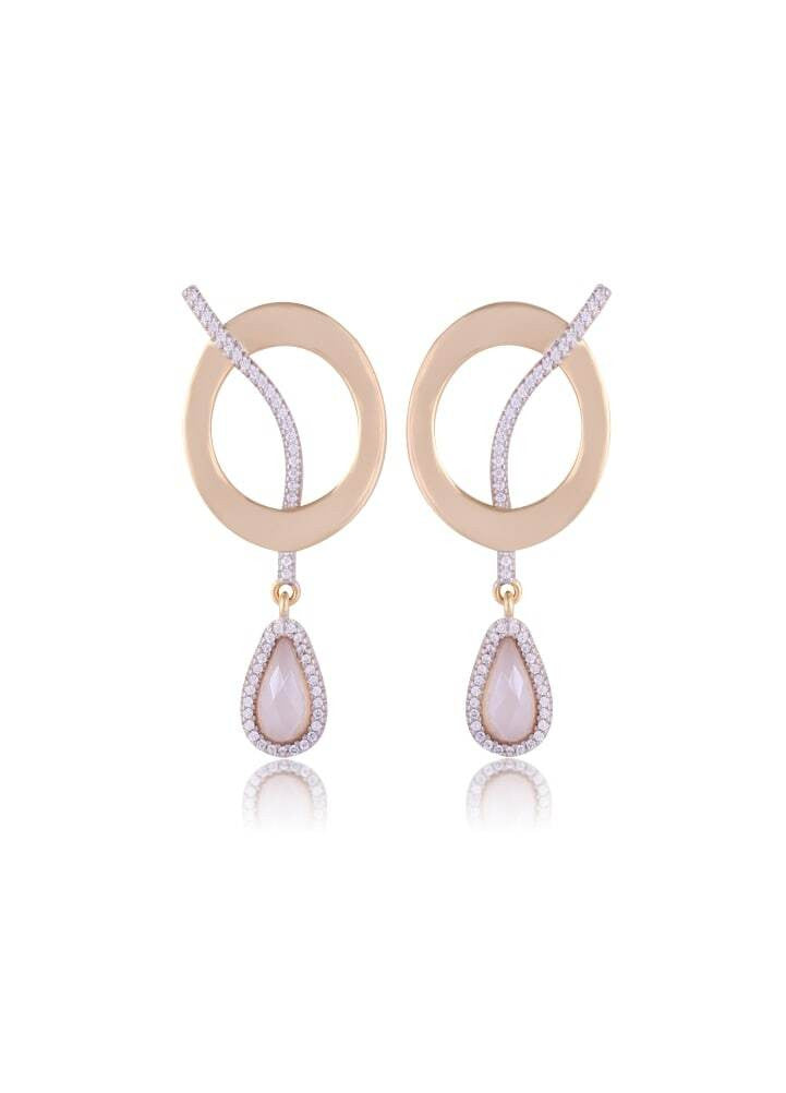 FACETED PEARLIZED MILKY QUARTZ EARRING - ROUND-SHAPED - GOLD PLATED