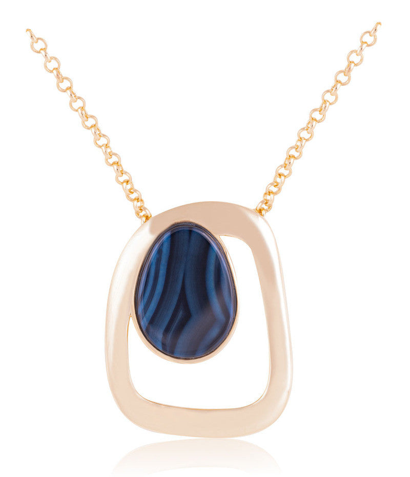 NECKLACE - GOLD PLATED - BLUE BIC STRIPED AGATA STONE