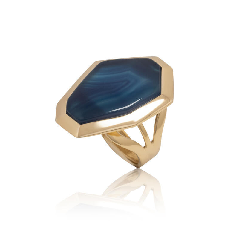 RING - GOLD PLATED - BLUE AGATA BIC STRIPED